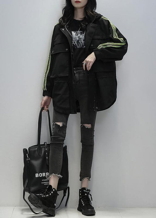 Style Black Clothes for Hooded Patchwork Pockets Jackets