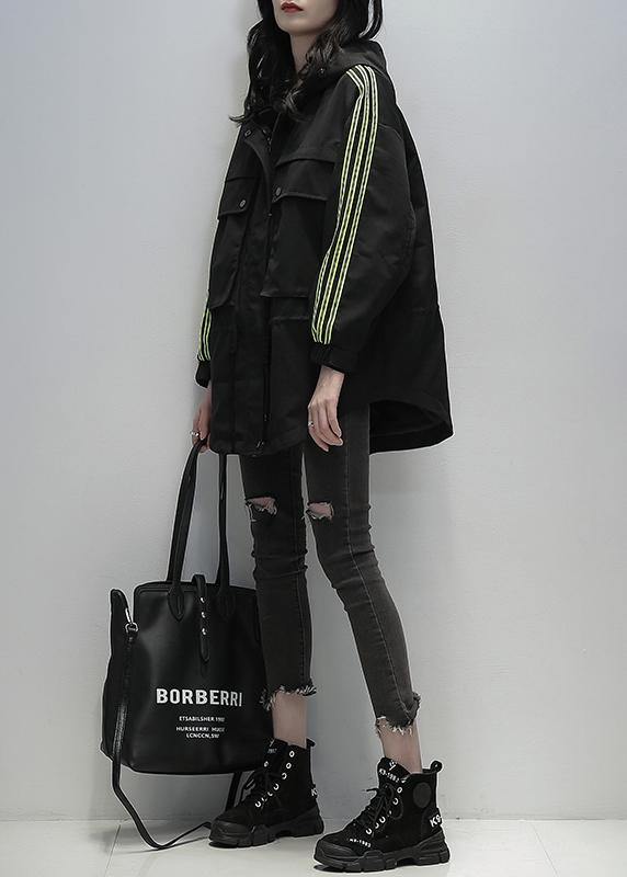 Style Black Clothes for Hooded Patchwork Pockets Jackets