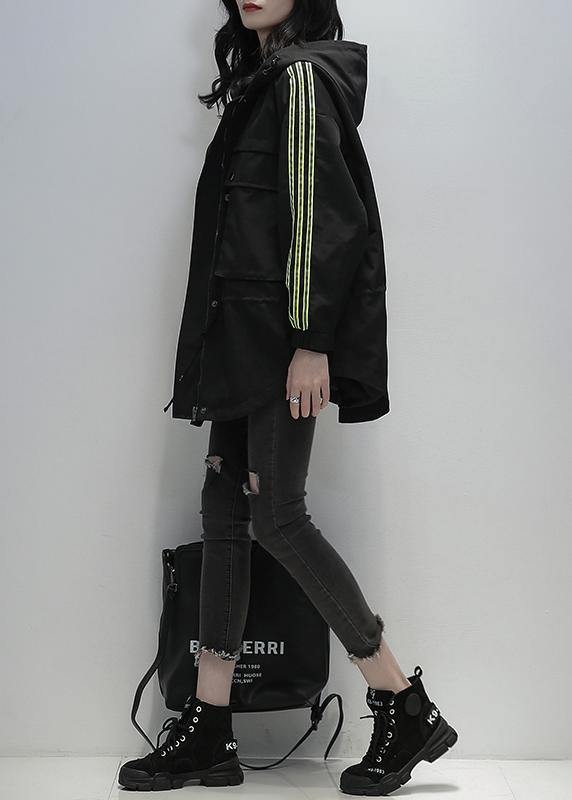 Style Black Clothes for Hooded Patchwork Pockets Jackets