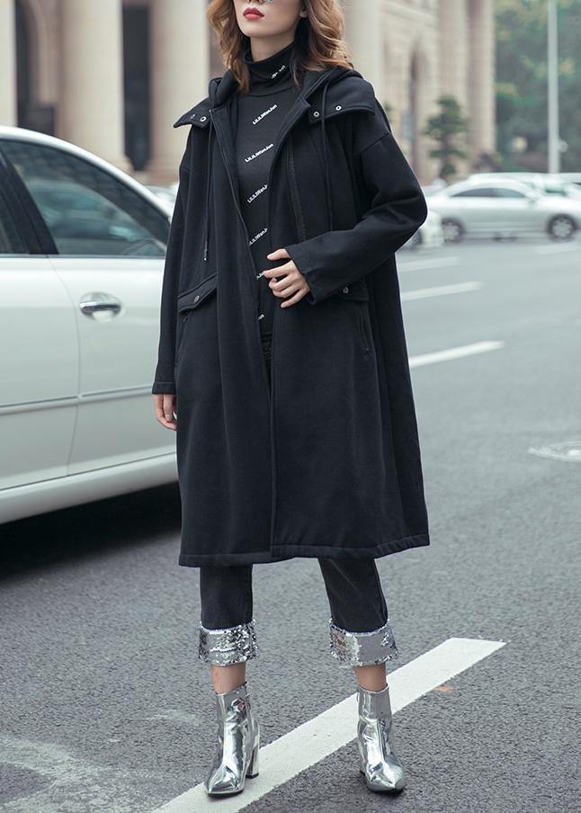 Style Black Fine Coats Hooded Drawstring Fall Outwear
