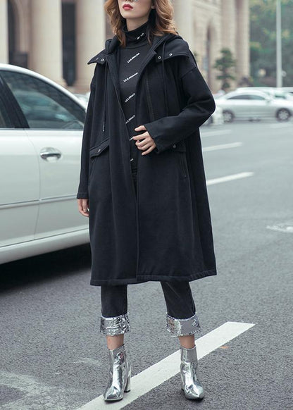 Style Black Fine Coats Hooded Drawstring Fall Outwear