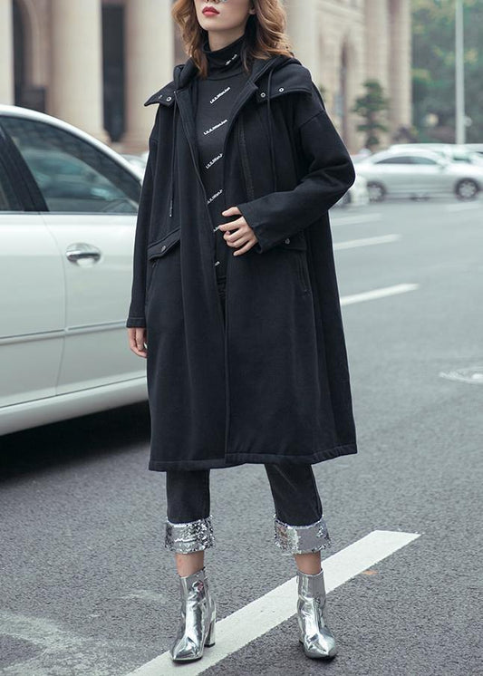 Style Black Fine Coats Hooded Drawstring Fall Outwear