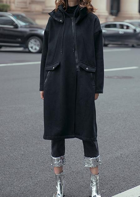 Style Black Fine Coats Hooded Drawstring Fall Outwear
