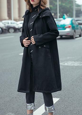 Style Black Fine Coats Hooded Drawstring Fall Outwear