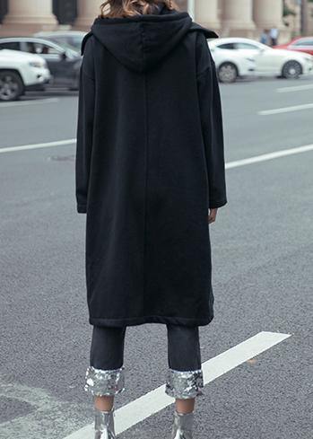 Style Black Fine Coats Hooded Drawstring Fall Outwear