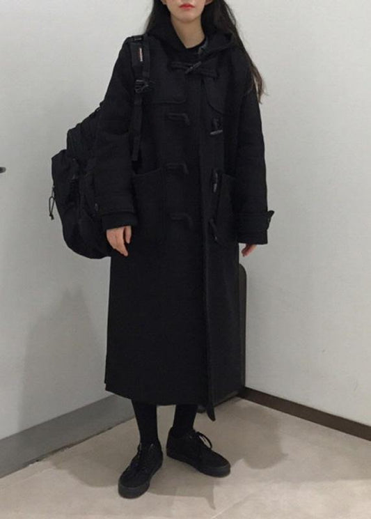 Style Black Fine Trench Coat Cotton Side Open Hooded Coats