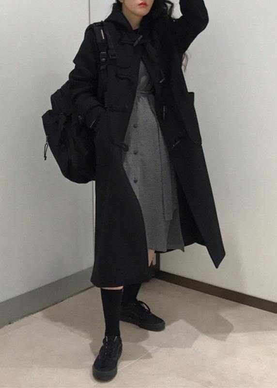 Style Black Fine Trench Coat Cotton Side Open Hooded Coats