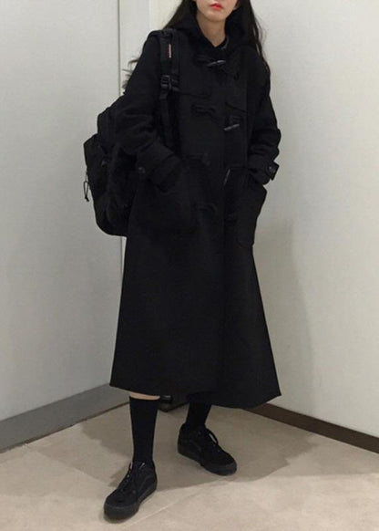 Style Black Fine Trench Coat Cotton Side Open Hooded Coats