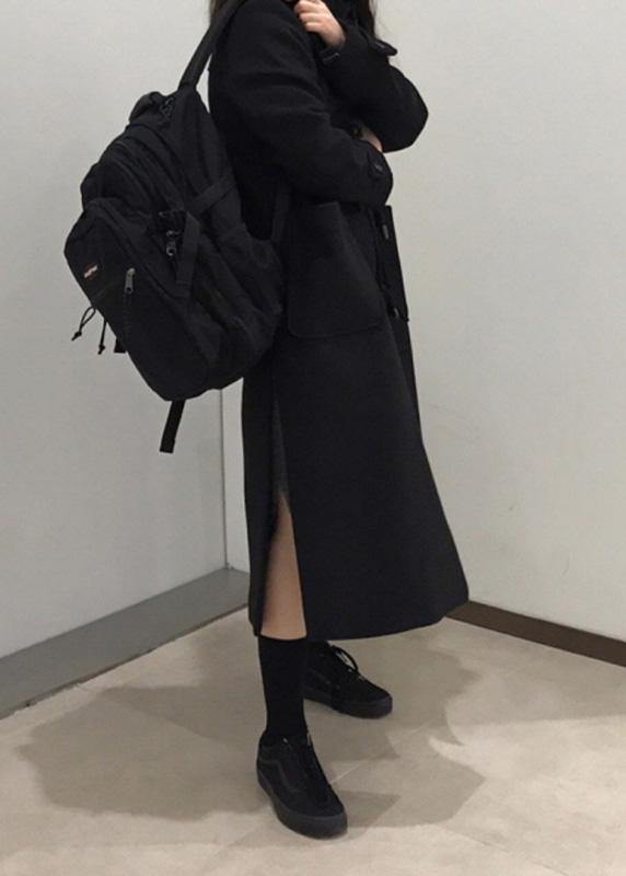 Style Black Fine Trench Coat Cotton Side Open Hooded Coats