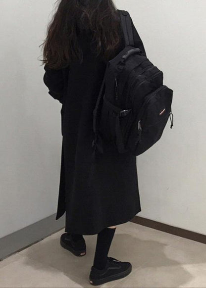 Style Black Fine Trench Coat Cotton Side Open Hooded Coats