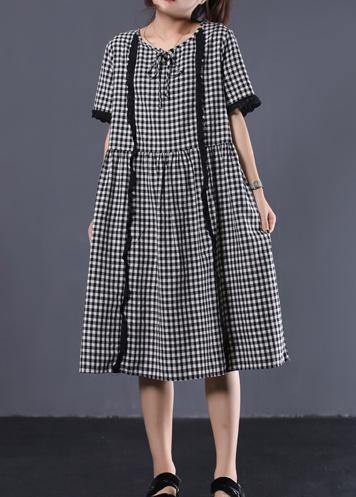 Style Black White Plaid Cotton Tunic Patchwork Ruffles Cotton Summer Dress