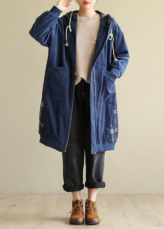 Style Blue Fine Coats Neckline Hooded Patchwork Outwears