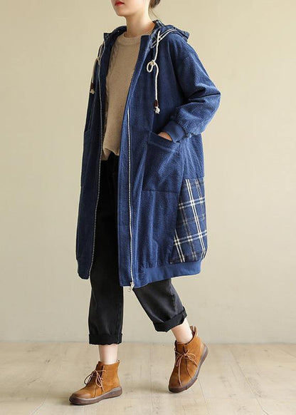 Style Blue Fine Coats Neckline Hooded Patchwork Outwears