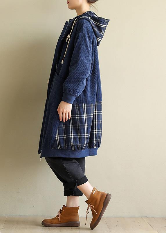 Style Blue Fine Coats Neckline Hooded Patchwork Outwears