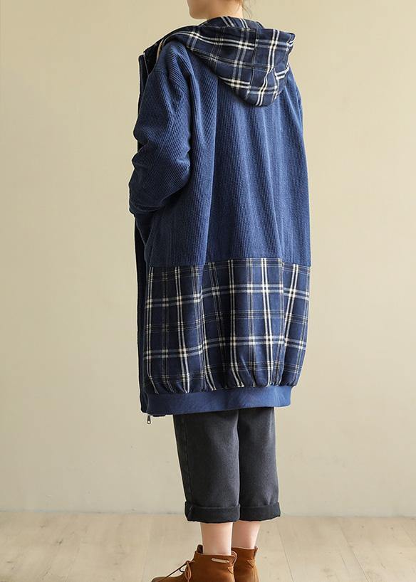 Style Blue Fine Coats Neckline Hooded Patchwork Outwears