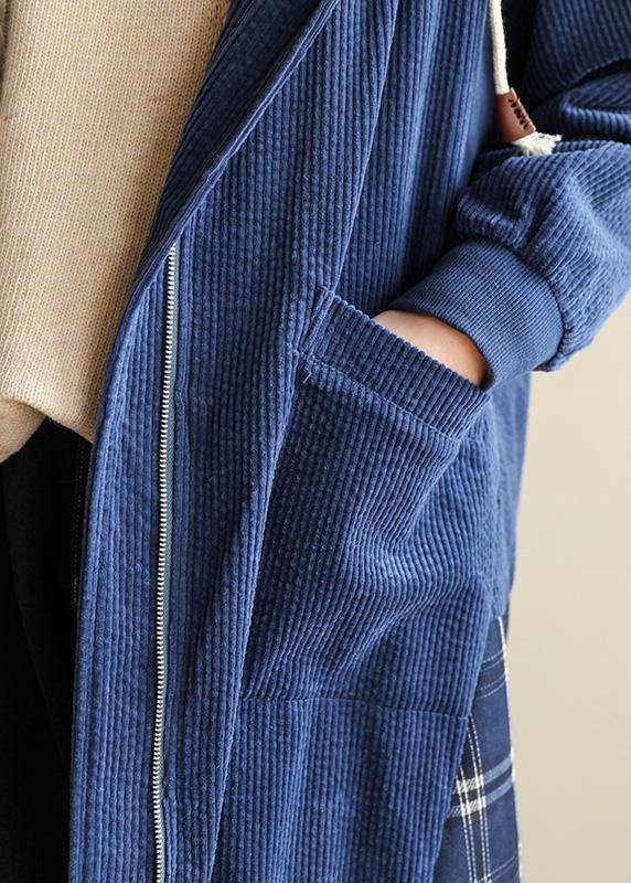 Style Blue Fine Coats Neckline Hooded Patchwork Outwears