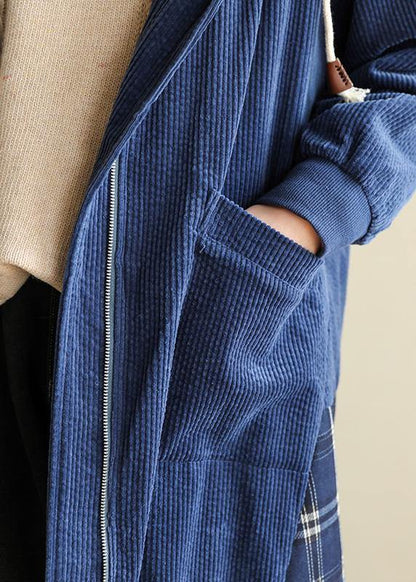 Style Blue Fine Coats Neckline Hooded Patchwork Outwears