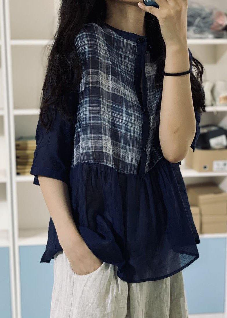 Style blue cotton blouses for women patchwork silhouette fall tops