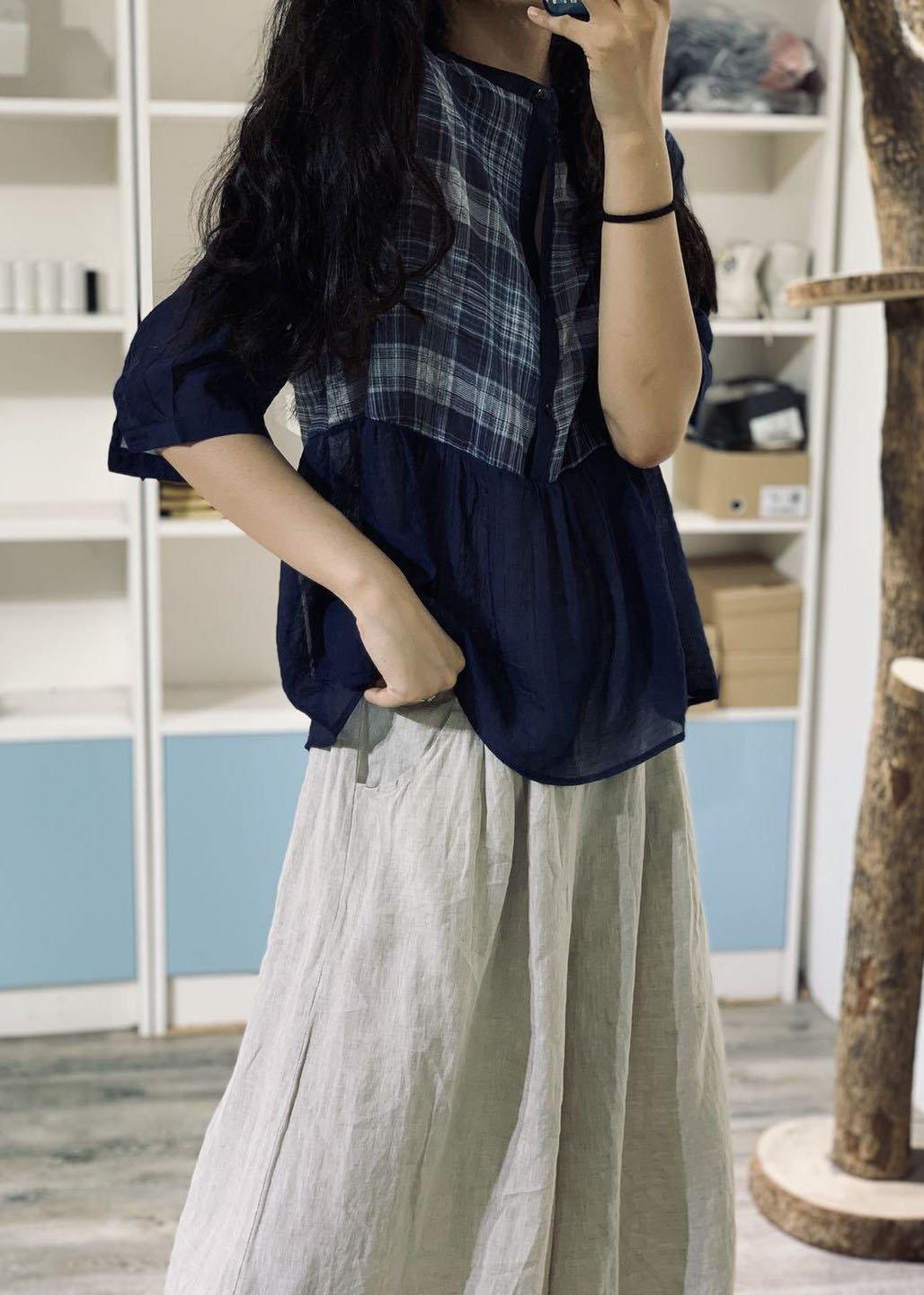 Style blue cotton blouses for women patchwork silhouette fall tops