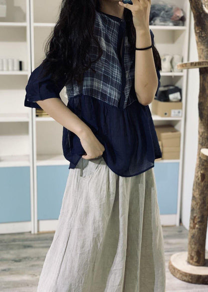 Style blue cotton blouses for women patchwork silhouette fall tops