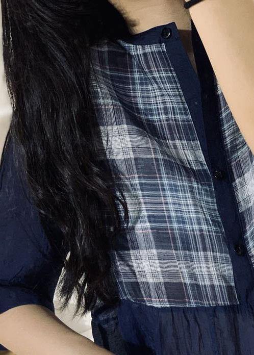 Style Blue Cotton Blouses for Patchwork Silhouette Fall Tops