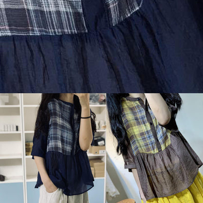Style blue cotton blouses for women patchwork silhouette fall tops