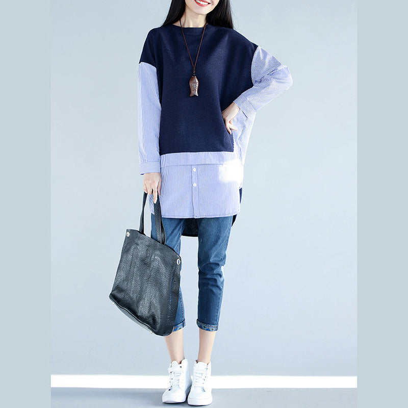 Style Blue Cotton Clothes for Work Outfits Side Open Cotton False Two Pieces Top