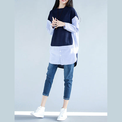 Style blue cotton clothes For Women 2025 Work Outfits side open cotton false two pieces top