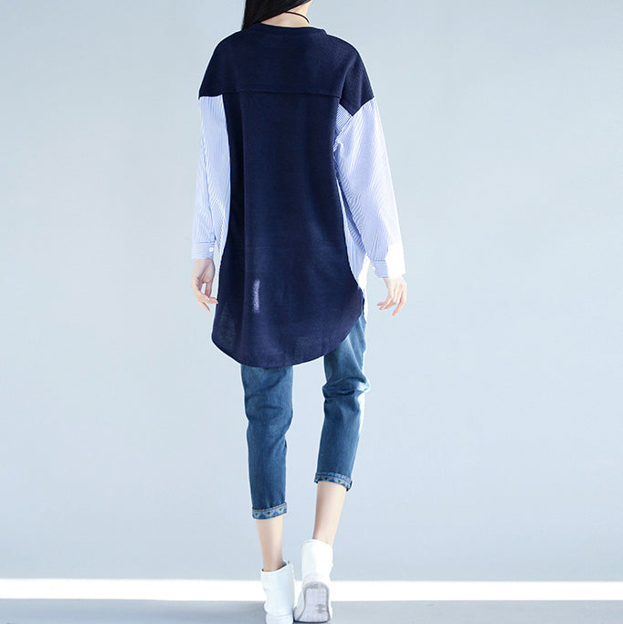 Style blue cotton clothes For Women 2025 Work Outfits side open cotton false two pieces top