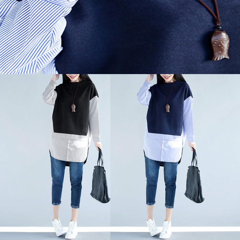 Style Blue Cotton Clothes for Work Outfits Side Open Cotton False Two Pieces Top