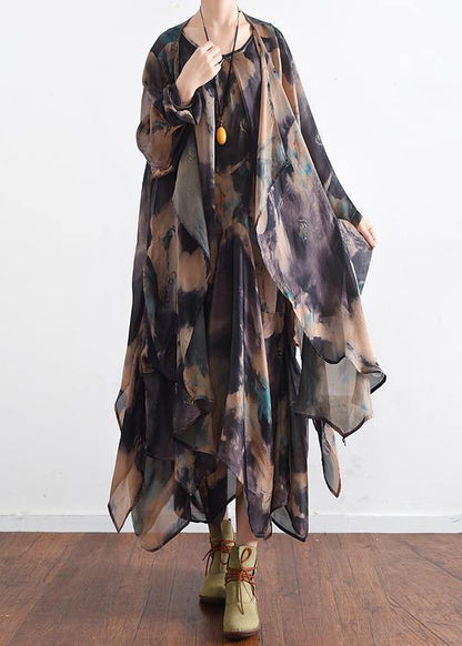 Style Blue Green Print Dress O Neck Asymmetric Long Dress