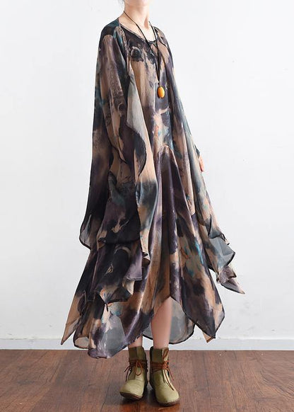 Style Blue Green Print Dress O Neck Asymmetric Long Dress
