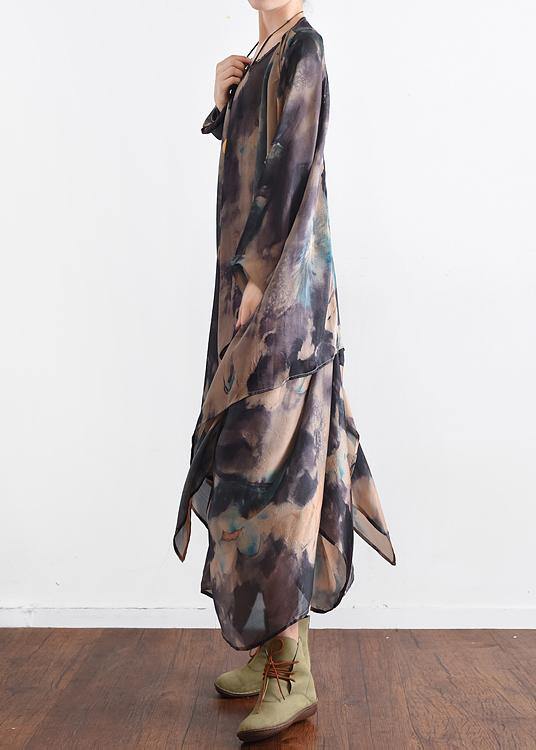 Style Blue Green Print Dress O Neck Asymmetric Long Dress
