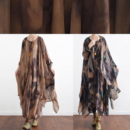 Style Blue Green Print Dress O Neck Asymmetric Long Dress