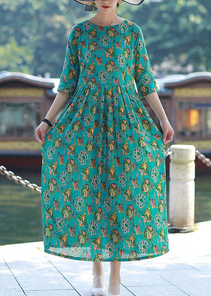 Style Blue Green Print Linen Cotton O Neck Cinched Tunic Summer Dress