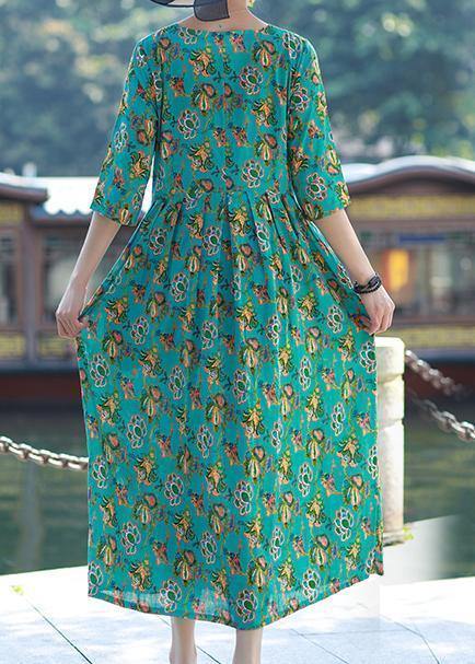 Style Blue Green Print Linen Cotton O Neck Cinched Tunic Summer Dress