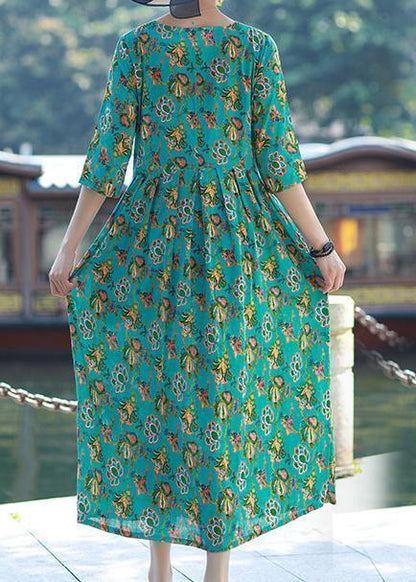 Style Blue Green Print Linen Cotton O Neck Cinched Tunic Summer Dress