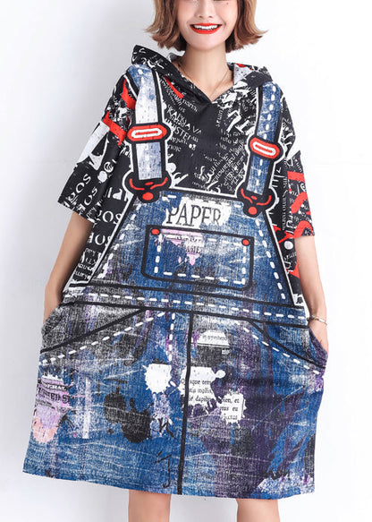 Style Blue Print Cotton Quilting Clothes Pakistani Design Short Sleeve False Two Pieces Daily Summer Dresses