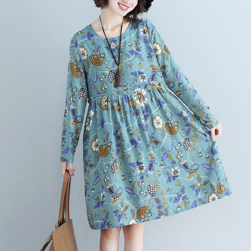 Style Blue Print Cotton Linen Dress Tutorials O Neck Daily Dress