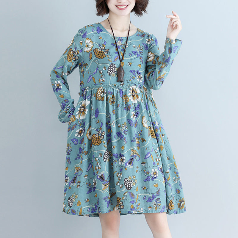 Style Blue Print Cotton Linen Dress Tutorials O Neck Daily Dress