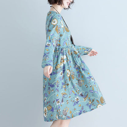 Style Blue Print Cotton Linen Dress Tutorials O Neck Daily Dress