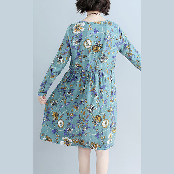 Style Blue Print Cotton Linen Dress Tutorials O Neck Daily Dress