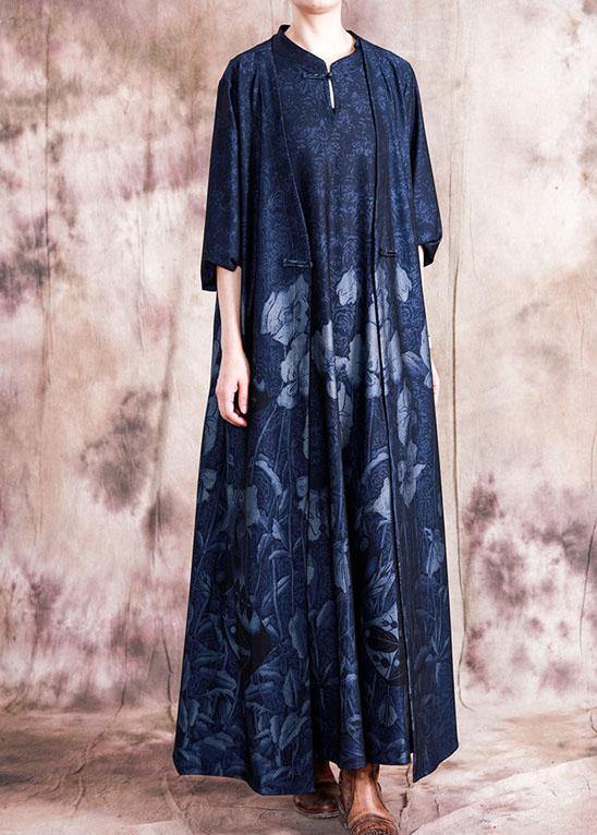 Style Blue Print Cotton Quilting Dresses Stand Collar Chinese Button Sleeveless Maxi Fall Dress
