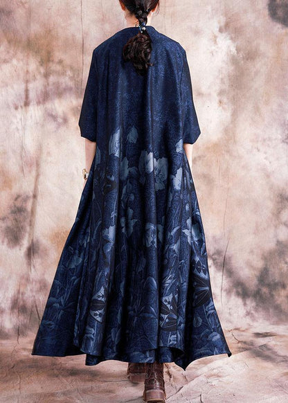 Style Blue Print Cotton Quilting Dresses Stand Collar Chinese Button Sleeveless Maxi Fall Dress