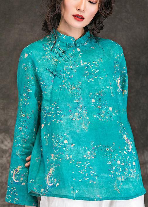 Style Blue Print Linen Clothes for Indian Tutorials O Neck Stand Collar Short Summer Shirt