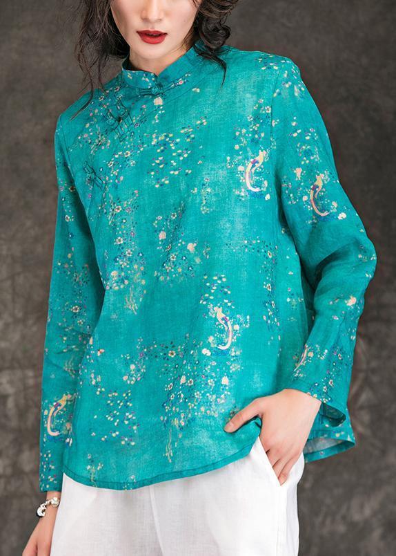 Style Blue Print Linen Clothes for Indian Tutorials O Neck Stand Collar Short Summer Shirt