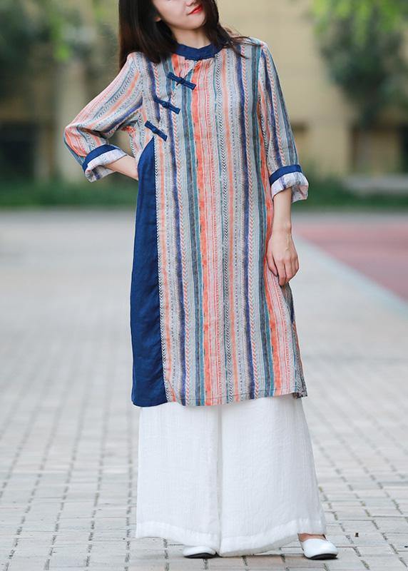 Style Blue Striped Quilting Dresses Stand Collar Chinese Button Art Dress