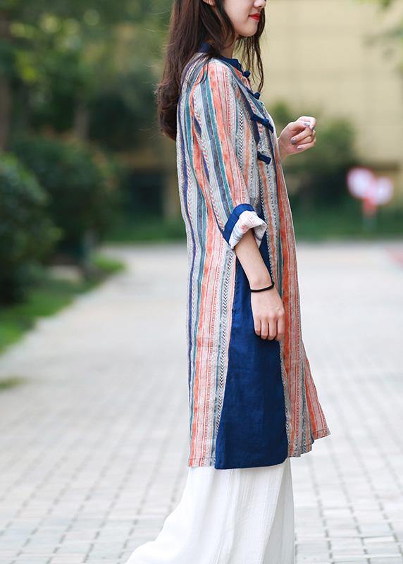 Style Blue Striped Quilting Dresses Stand Collar Chinese Button Art Dress