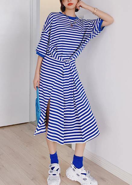 Style Blue Striped Tunic Dress O Neck Side Open Dresses
