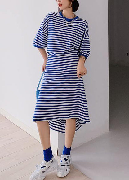 Style Blue Striped Tunic Dress O Neck Side Open Dresses